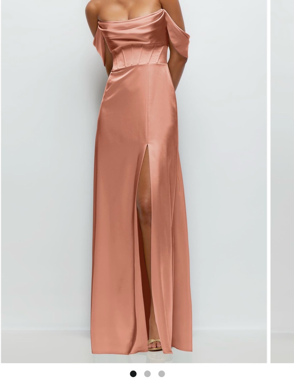 After Six Satin Off-Shoulder Gown in Rose Gold